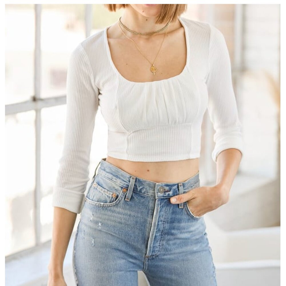 Lulus Break All the Rules White Ribbed Long Sleeve Crop Top NWOT